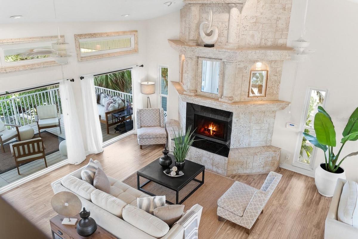 Open-concept great room with soaring 20-foot ceilings