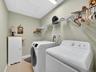 Convenient bedroom level laundry with storage shelving.