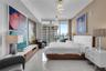 Bedroom with city and bay outlook and custom nightstands