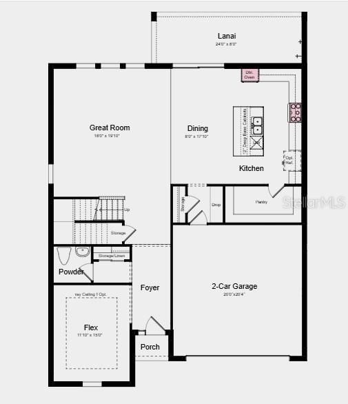First Floor Plan - Additional Highlights Include: tray ceiling package, 8' interior doors, stair railing with metal spindles, outdoor kitchen rough-in