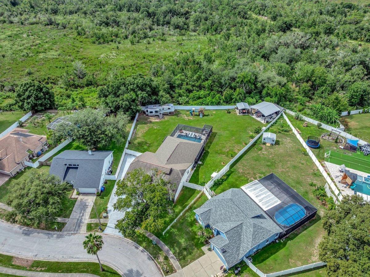Aerial View of Pool Home, Fully Fenced, No Rear Neighbor, NO CDD.