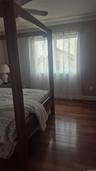 Hardwood flooring, crown molding, large window, closet and a ceiling fan