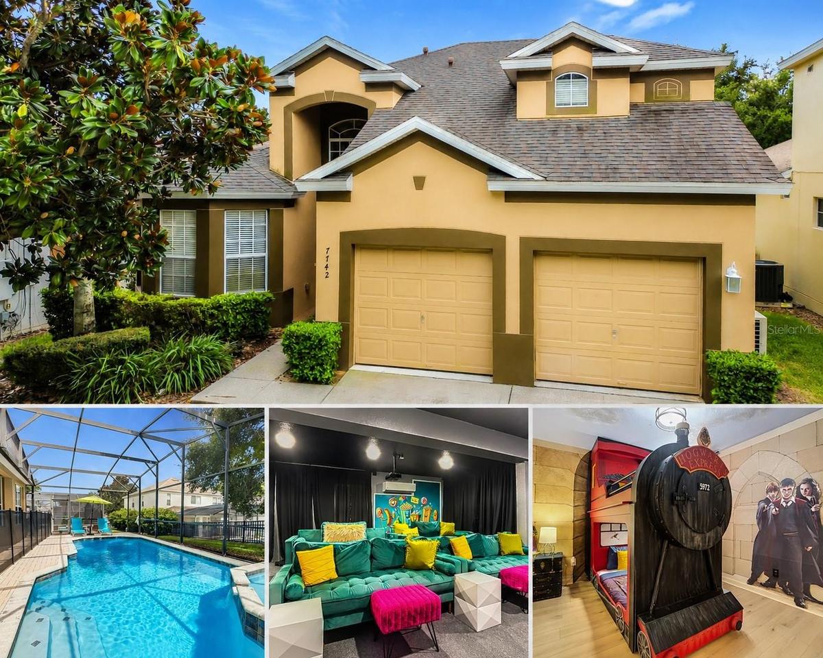 Featured property collage highlighting the exterior, private pool, theater, and themed bedroom.