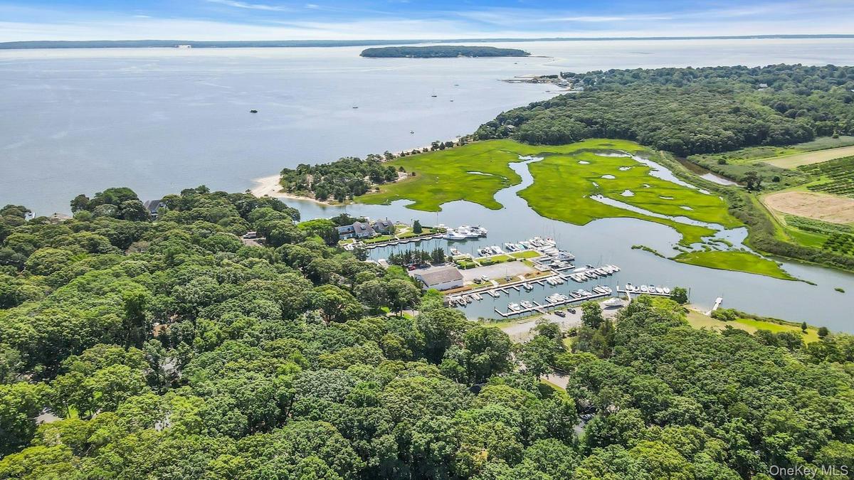Expansive Peconic Bay, marina with multiple boat slips