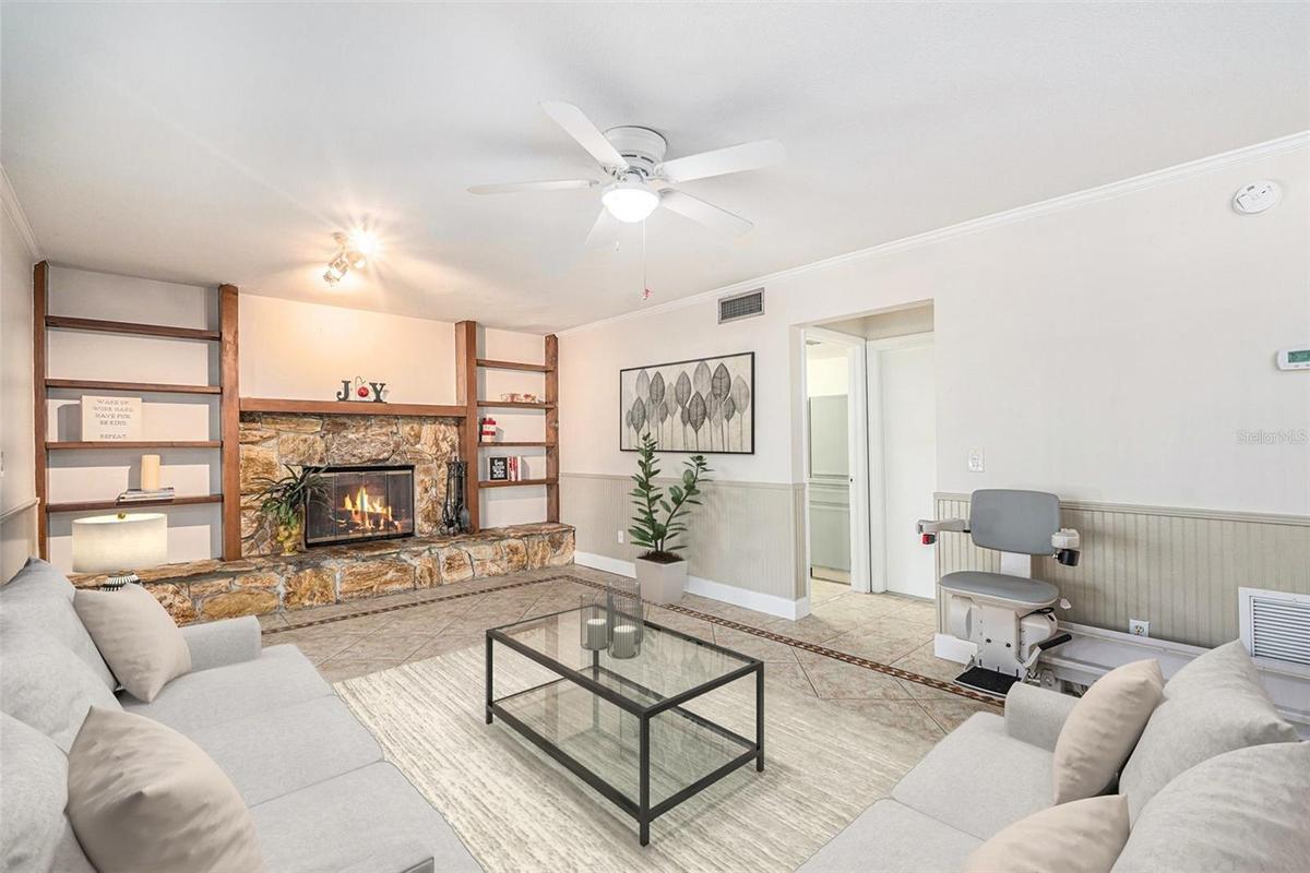 Family room with wood burning fireplace