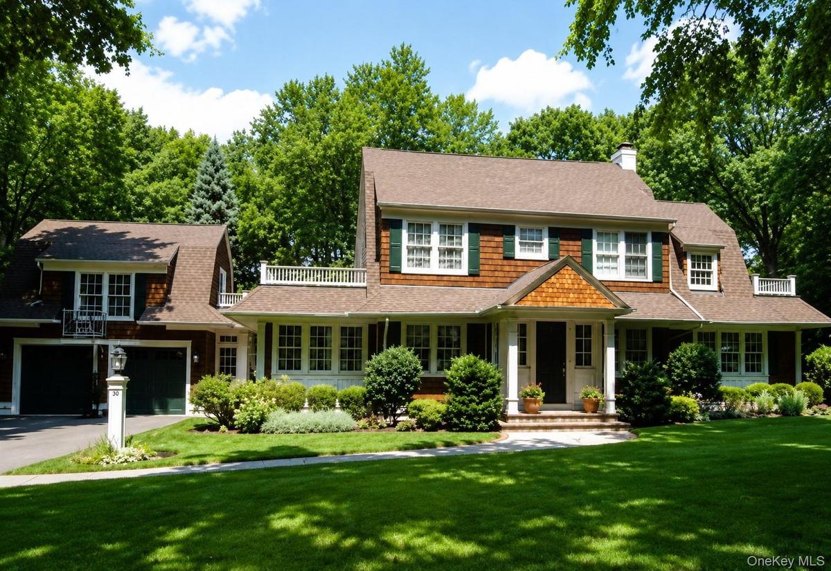 Expansive lawn with mature landscaping, a two-car garage with arched doors, a covered entry with white columns, and wood shake siding with white trim