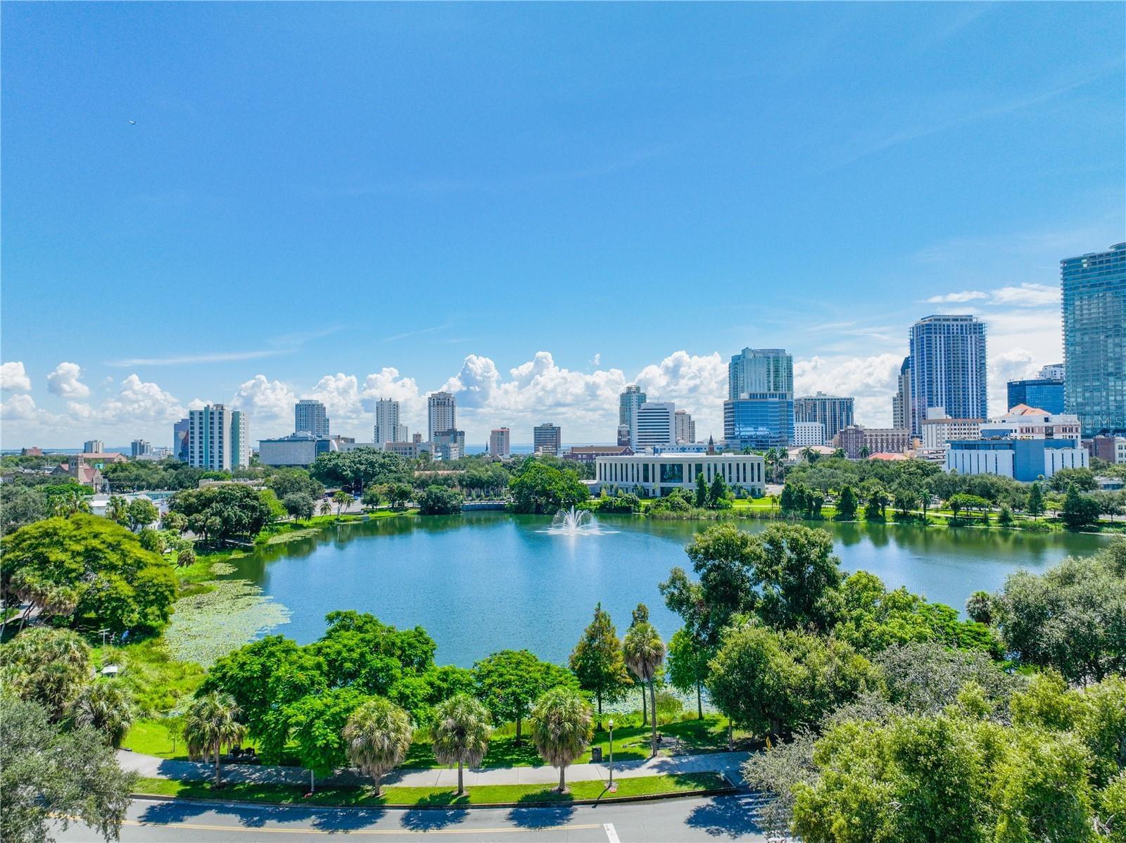 Views facing east over mirror lake toward the downtown skyline