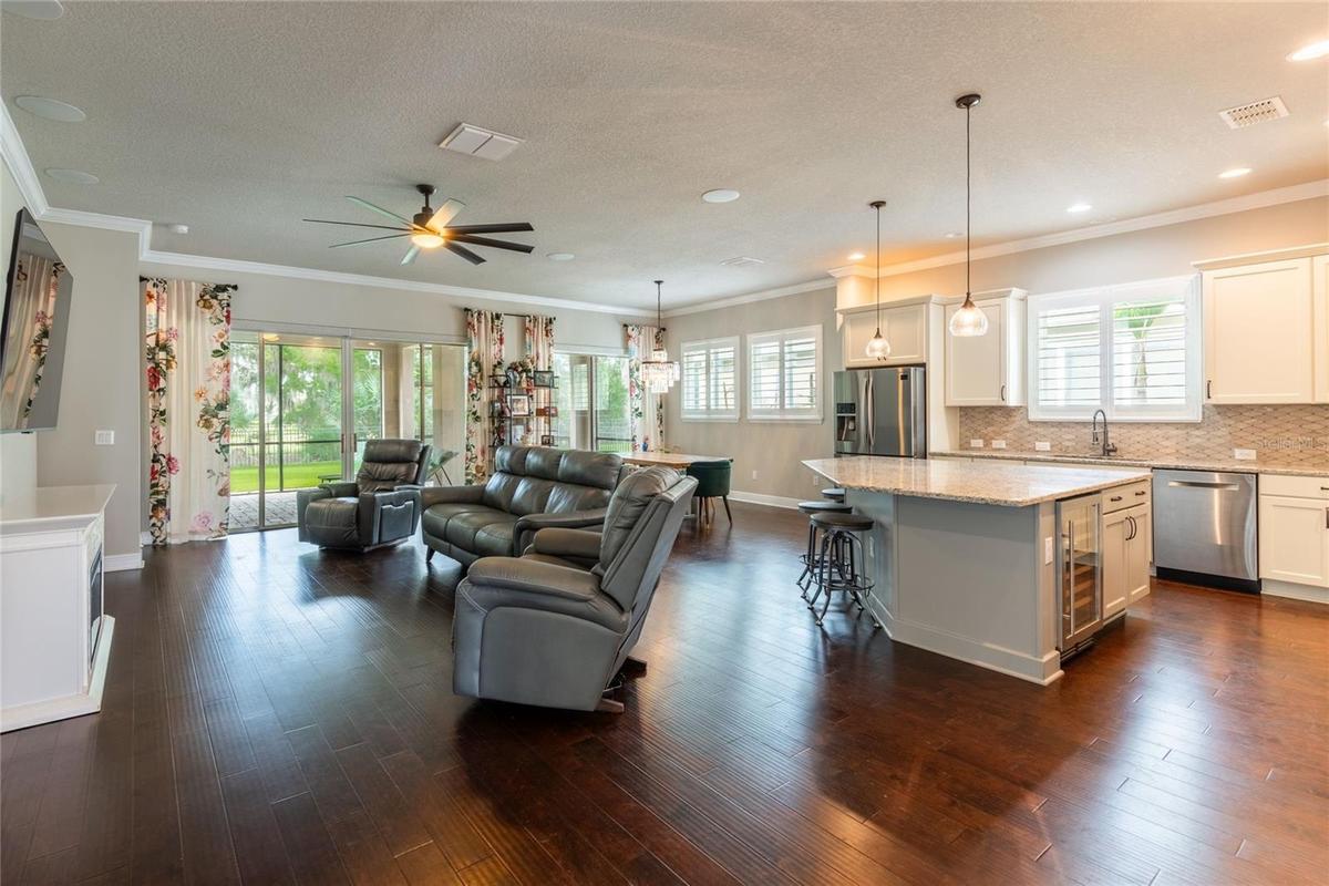 Spacious great room open to the kitchen and dining area.