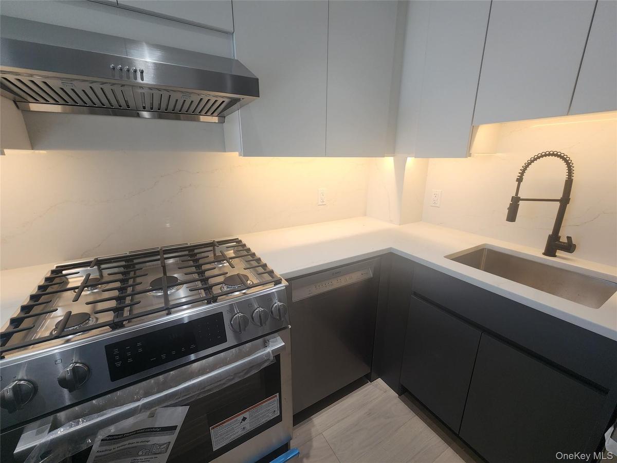 Stainless steel range with a coordinating range hood, undermount sink with a matte black faucet, integrated dishwasher, and under-cabinet lighting