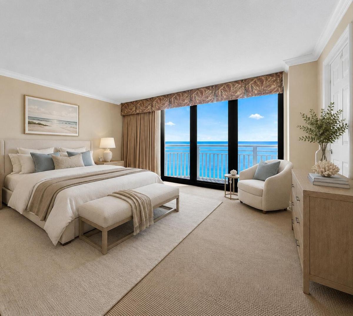 Virtually staged; residence is offered unfurnished. The primary bedroom frames direct Atlantic Ocean views and opens to the balcony.