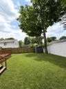Green lawn, a wooden deck, a privacy fence along the perimeter, and mature trees providing natural shade.