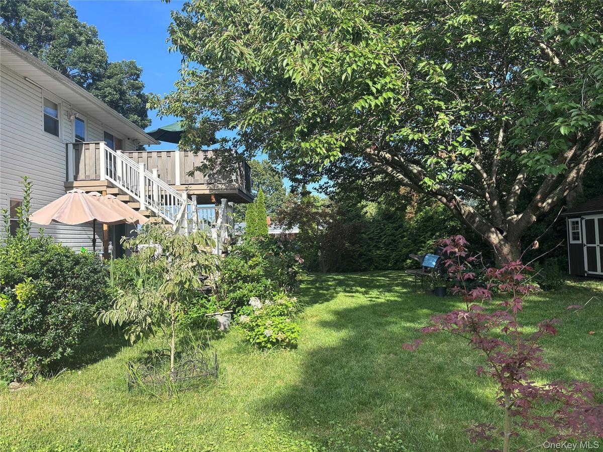 Expansive backyard featuring a large tree, a detached shed, and a two-story deck with white railings