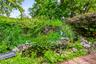 Landscaped backyard pond with a waterfall and surrounding gardens.