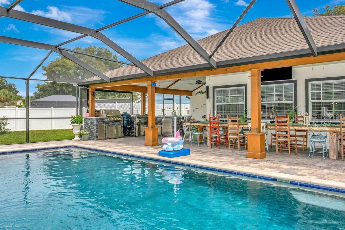 View of Pool, Extended and Covered Rear Porch, Lanai, and Summer Kitchen