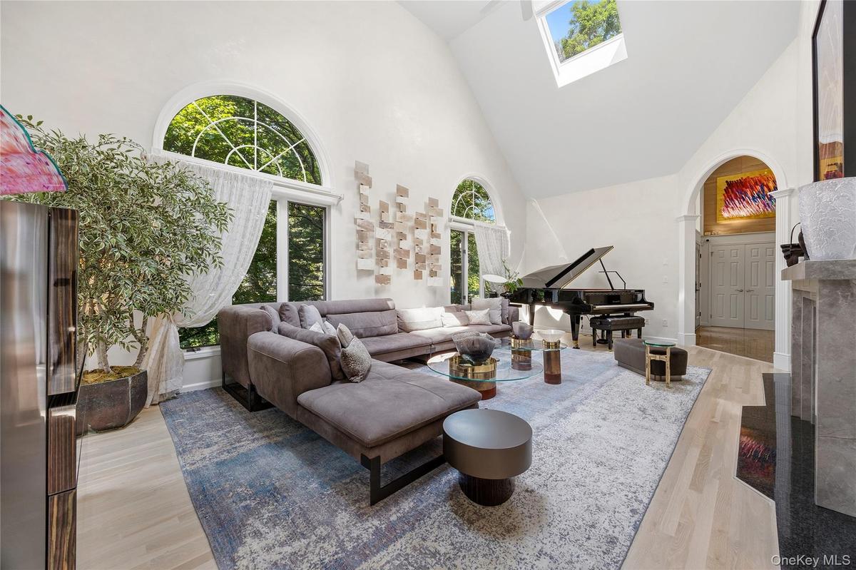 Bright Living Room with arched entry, hardwood flooring, recessed lights, two skylights, ceiling fan, B/I cabinets, wood burning Fireplace with granit