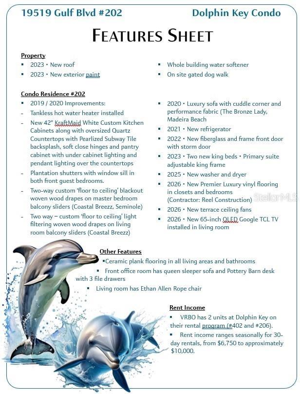 .. Feature Sheet.. Owners Purchased Residence # 202 in 2017 off the Developer. Homesteaded and Enjoyed Life  for 3 years . After 3 years they started 
