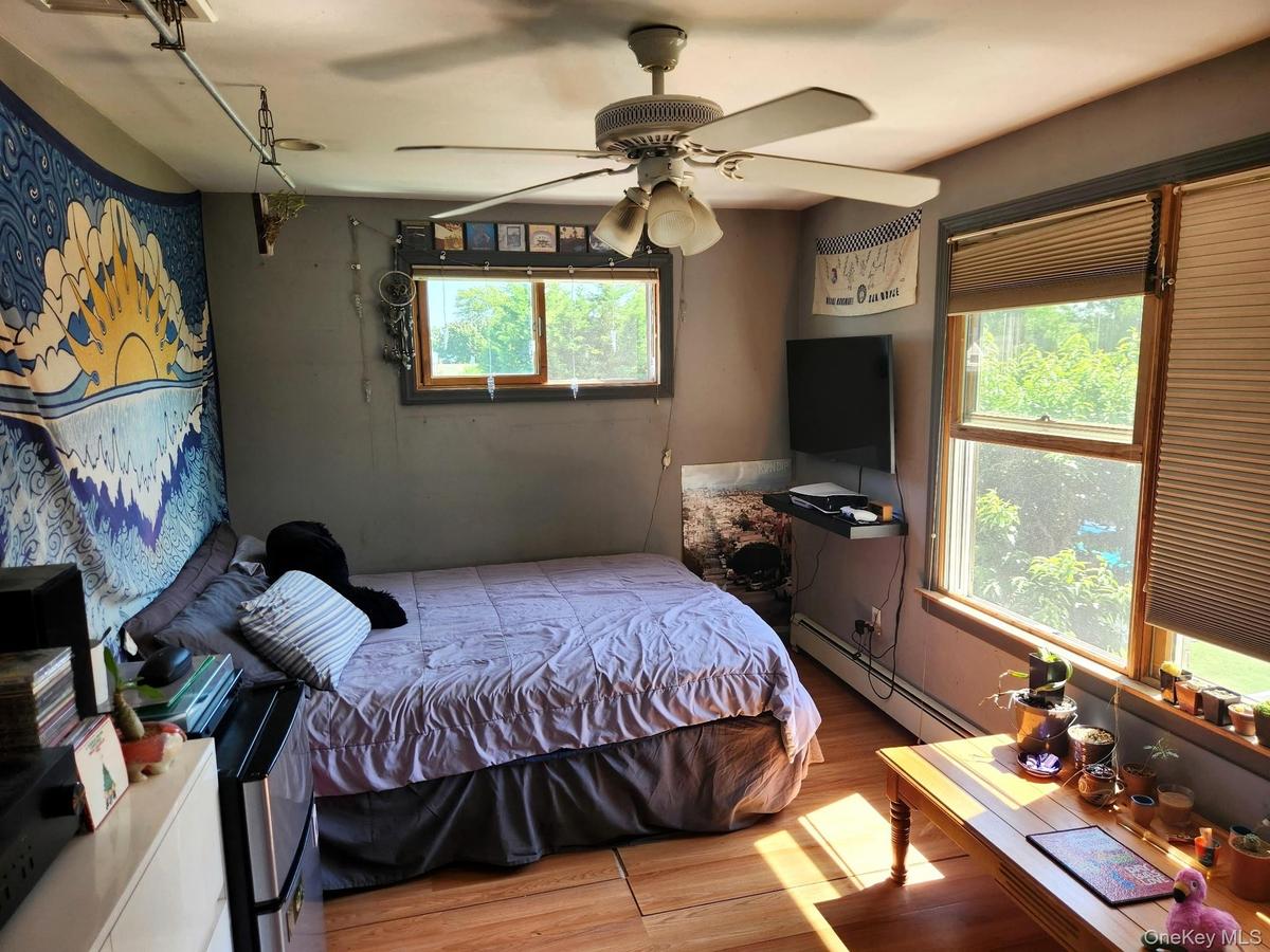 Wood-finish flooring, ceiling fan with integrated lighting, multiple windows with blinds, and a wall-mounted shelving unit