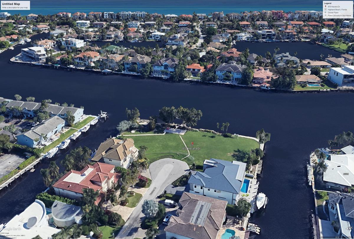 Aerial view of 870 Havana Drive illustrating the approximate property boundaries of Lots 13 & 14 and the exceptional waterfront configuration with ext