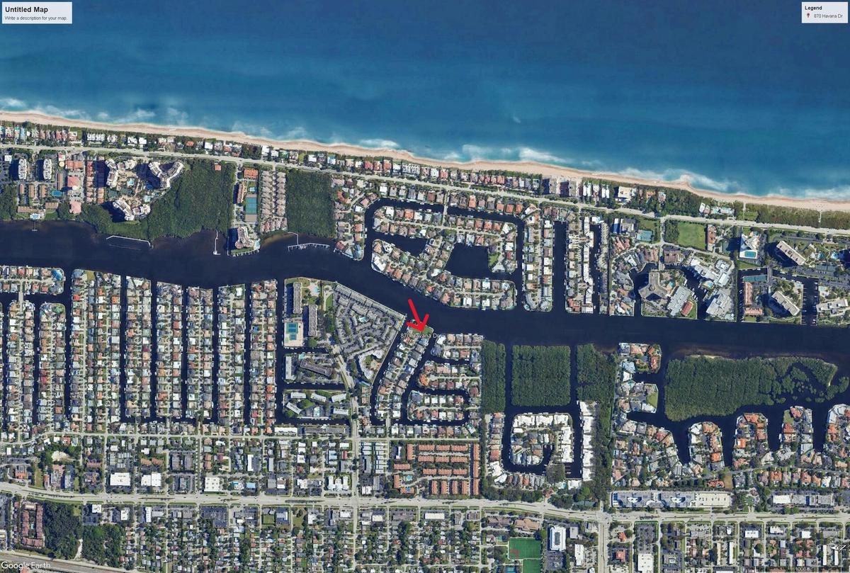 Aerial view of 870 Havana Drive illustrating the approximate property boundaries of Lots 13 & 14 and the exceptional waterfront configuration with ext