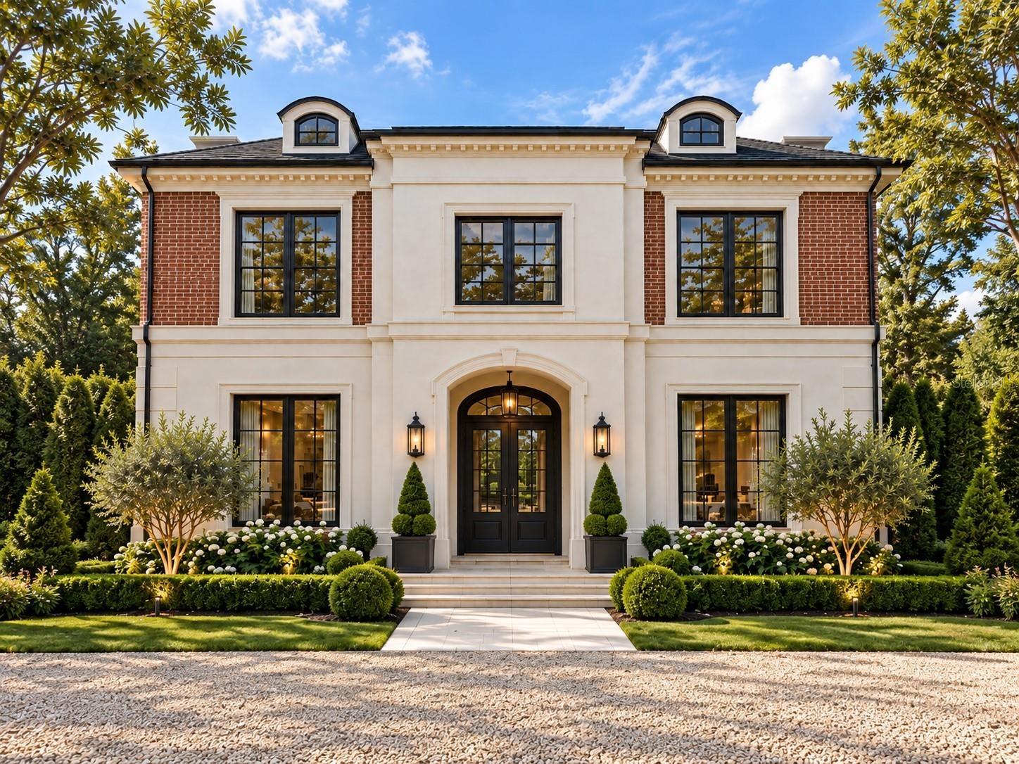 Front elevation of 250 W Reading Way in Winter Park, featuring a two-story design and arched entry.