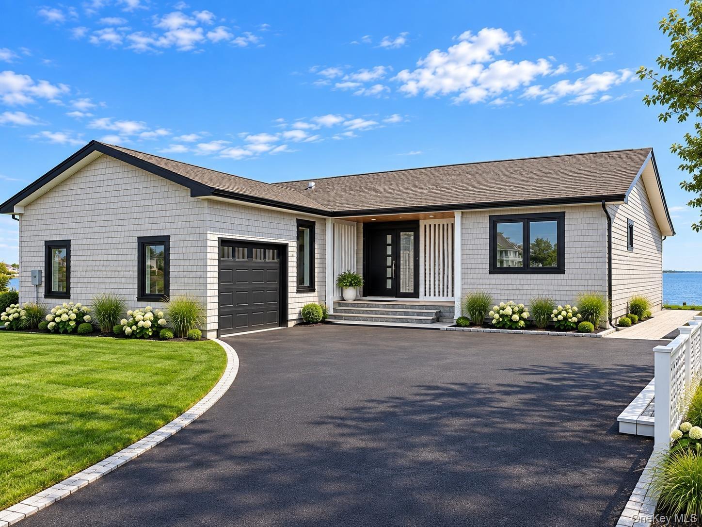 Shingle siding exterior with black-framed windows and a dark roof