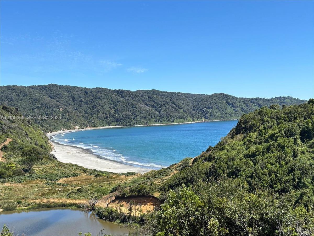 Coastal landscape featuring a sandy beach, deep water bay, mature forest cover, and a natural freshwater pond