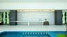 Custom long-format counter with a stone pedestal base, linear pendant lighting, textured feature wall, and integrated vertical greenery accents, overl