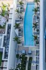 Elevated outdoor area featuring a rectangular pool, palm-lined stone pavers, built-in planters, and decorative landscaping