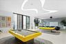 Expansive recreational room featuring custom curvilinear recessed ceiling lighting, full-height glass doors, large-format tile flooring, and a pattern
