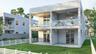 Contemporary multi-level exterior featuring stacked covered balconies with glass railings, ceiling fans, full-height windows, and a fenced-in lawn