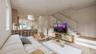 Open-concept interior featuring light wood-finish flooring, recessed lighting, a kitchen breakfast bar, and a staircase with white vertical balusters 
