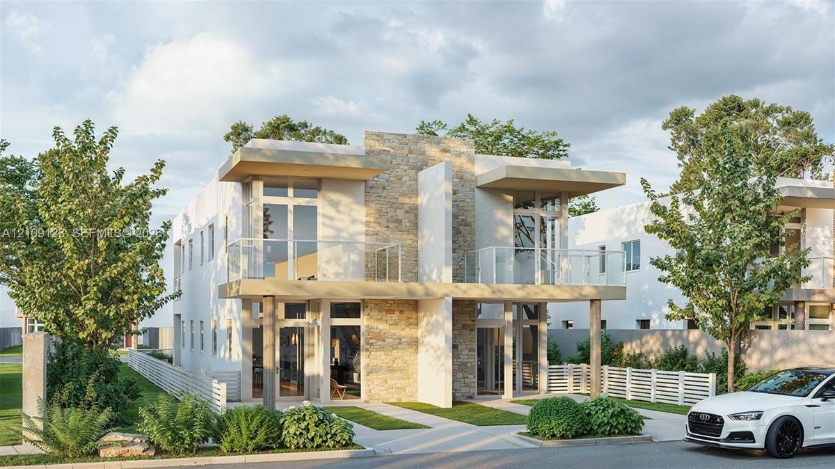 Contemporary exterior featuring light-toned smooth stucco, a natural stone masonry façade, dual upper-level balconies with glass railings, and expansi