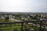 Elevated balcony with a black metal railing overlooking expansive green space, mature palm trees, and the surrounding cityscape