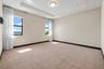 Neutral-toned wall coverings, tray ceiling, flush-mount lighting, wall-to-wall carpeting, and dual windows