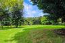 Expansive grounds featuring a manicured lawn, mature trees, and dense perimeter landscaping