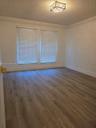 Room featuring wood-finish flooring, dual windows with horizontal blinds, and a geometric flush-mount ceiling light fixture