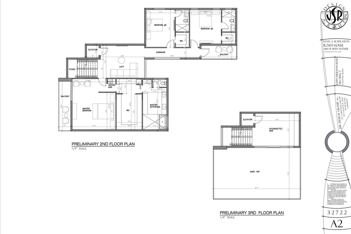 Primary suite with private balcony and coffee bar, two guest bedrooms, loft, plus rooftop level with kitchenette bar and 782 SF terrace.