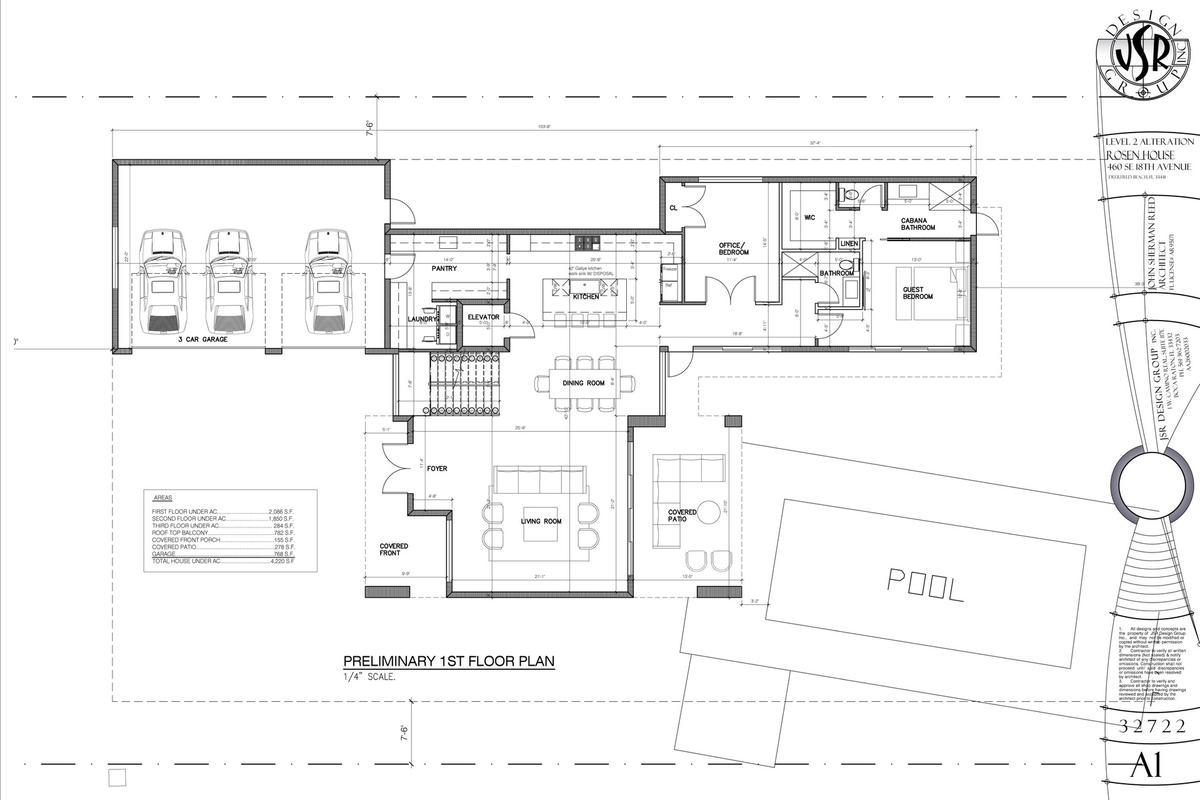 Plans convey: first level with open kitchen, living and dining, guest suite, office or 5th bedroom, cabana bath, elevator, and 3-car garage
