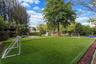 Expansive turf recreation area featuring built-in boundary lining, dual athletic goals, and mature perimeter trees