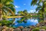 Waterfront property featuring a landscaped pond, rock hardscaping, and mature palm trees