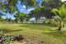 Expansive grounds featuring a manicured lawn, mature canopy trees, palm foliage, and a detached structure with a covered carport area