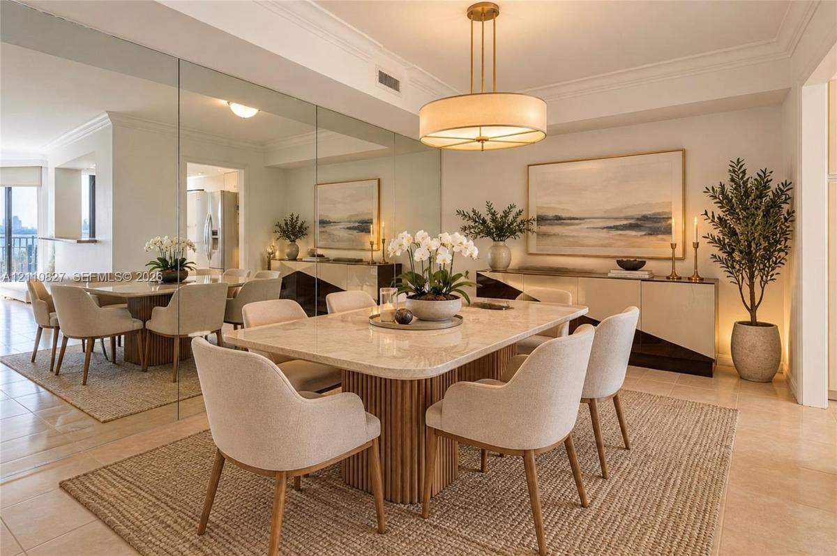 Dining area featuring floor-to-ceiling wall mirrors, a neutral stone-top table with a fluted wooden base, and a circular drum pendant light fixture wi