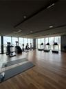 Fitness area featuring floor-to-ceiling windows, wood-finish flooring, and recessed ceiling lighting