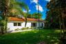 Stucco exterior featuring a terracotta tile roof, multi-pane windows, and a landscaped front yard with mature palms