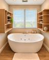 Oval jetted soaking tub with deck-mounted chrome fixtures, flanked by dual light-wood built-in shelving units, finished with wood-finish flooring