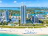 High-rise residential tower featuring a white concrete exterior, tiered architectural design, expansive glass balcony railings, direct sand beach acce