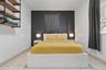 Room featuring a charcoal accent wall, tile flooring, and wall-mounted industrial-style shelving with wood-finish planks