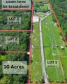 Aerial perspective of a 10-acre parcel subdivided into three individual lots measuring 6.95, 1.26, and 1.79 acres, featuring expansive cleared grassla