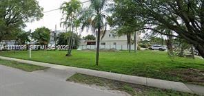 Vacant corner lot featuring mature palms and shade trees, bordered by a concrete sidewalk
