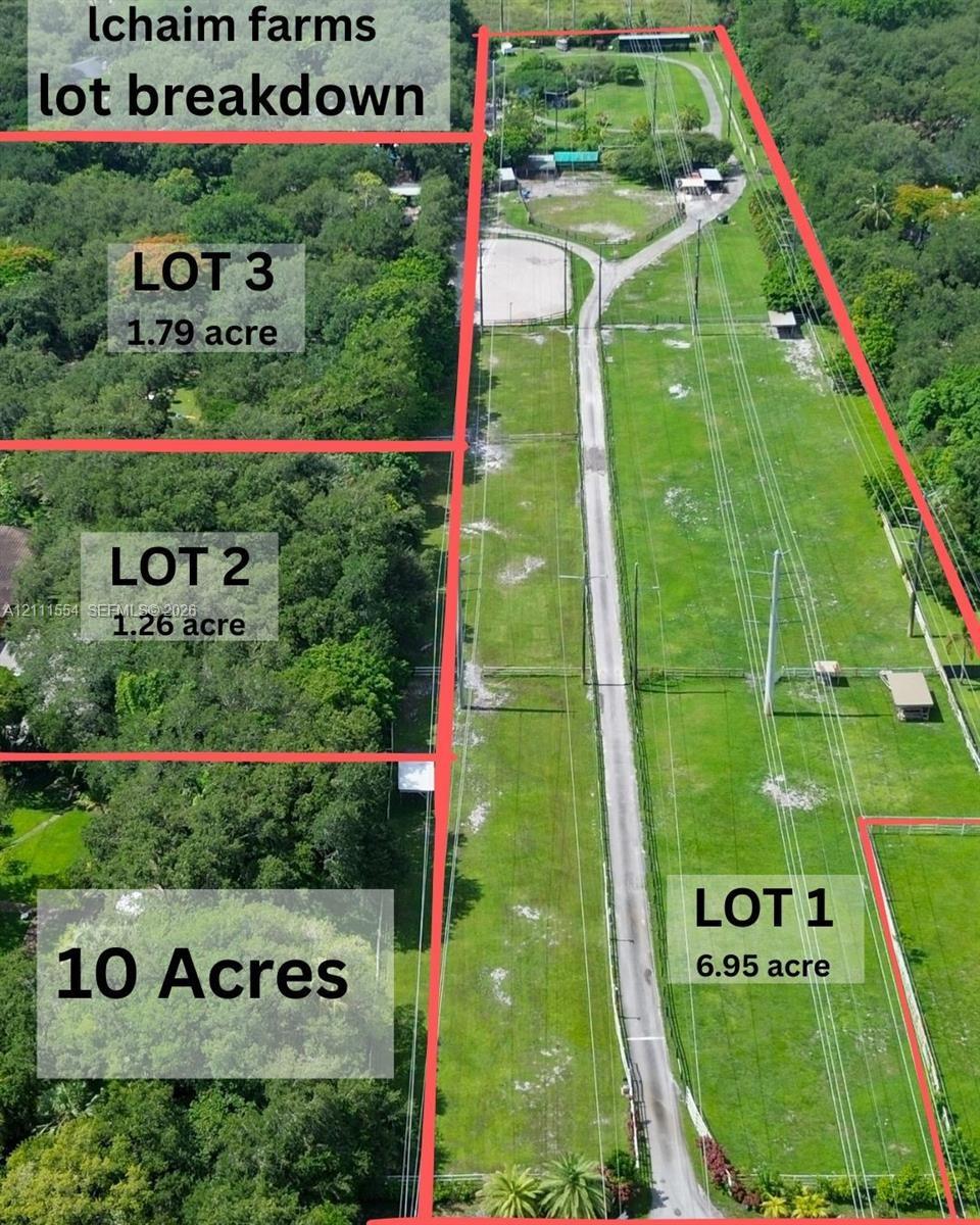 Aerial perspective of a 10-acre parcel subdivided into three individual lots measuring 6.95, 1.26, and 1.79 acres, featuring expansive cleared grassla